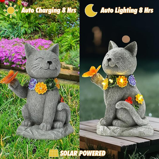Oneirion Solar Cat Garden Statue - 7 LED Lights with Flowers & Butterfly Yard Art, Lawn Porch Outdoor Decor, Gift for Mom, Grandma & Women