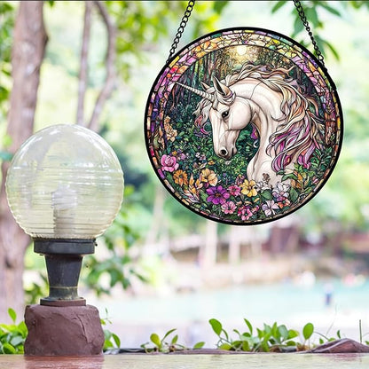 DASTOLL Stained Glass Window Hanging, Unicorn Flowers Suncatcher for Doors Home Sun Catchers Decoration and Christmas, Mother's Day Birthday Gifts for Women, Men, and Mom 7.8 in