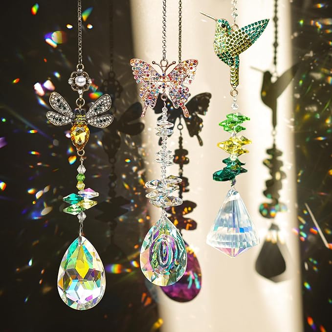 H&D HYALINE & DORA 3Pcs Crystal Suncatcher for Windows Hanging Prism Rhinestones Sun Catcher with Chain and Hook Rainbow Maker for Ceiling Garden Home Indoor Decor