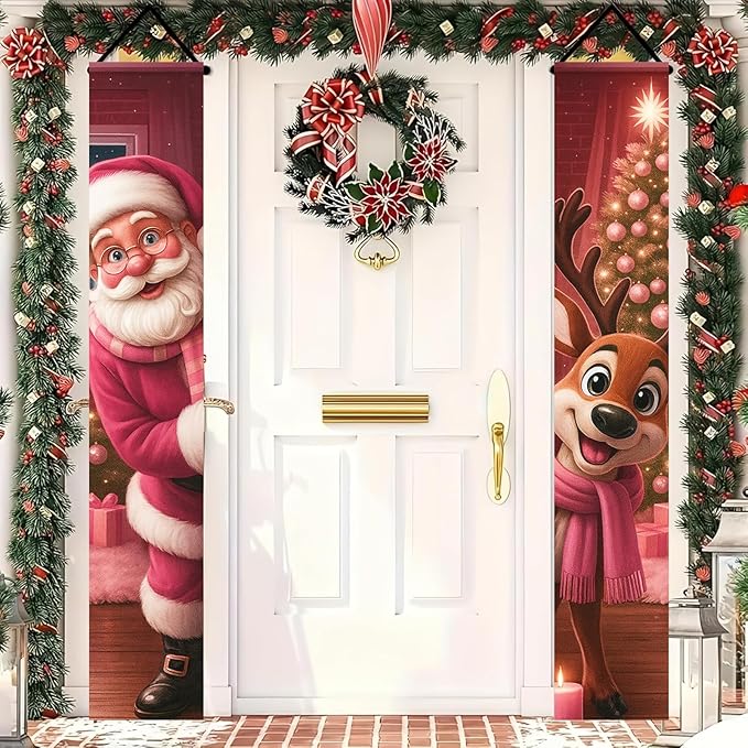 BlissYard Christmas Porch Banners 12x71 Inch Merry Christmas Banner Snowflakes Reindeer Pink Santa Door Cover Winter Holiday Banner Xmas Door Decor Welcome Hanging Signs for Front Door Porch Outdoor Home Party Decorations