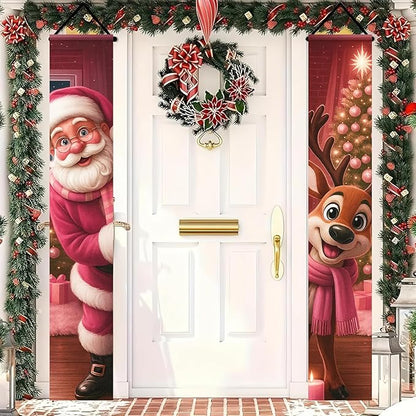 BlissYard Christmas Porch Banners 12x71 Inch Merry Christmas Banner Snowflakes Reindeer Pink Santa Door Cover Winter Holiday Banner Xmas Door Decor Welcome Hanging Signs for Front Door Porch Outdoor Home Party Decorations