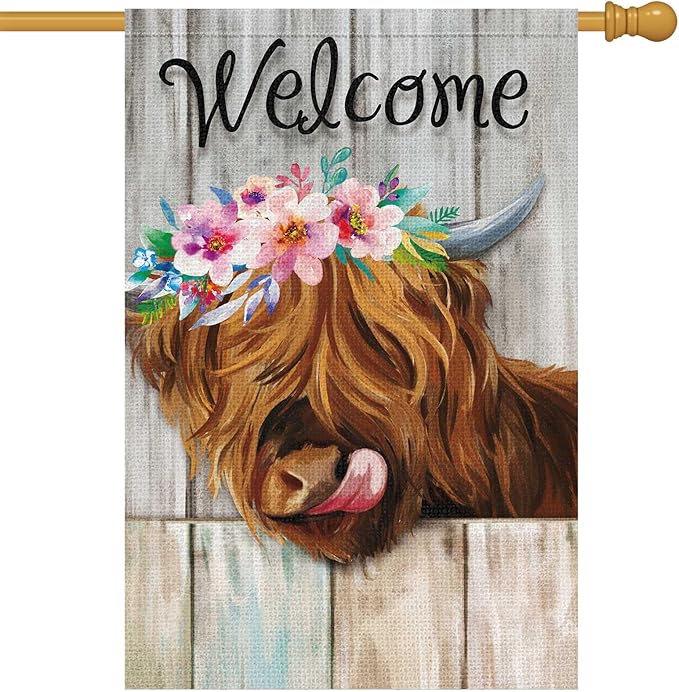 Heyfibro Welcome Summer Highland Cow Garden Flag 28x40 Inch Double Sided Burlap, Farmhouse Floral Cow Yard Decor Spring Summer Flowers Porch Flag for Rustic Seasonal Outdoor Decoration(ONLY FLAG)