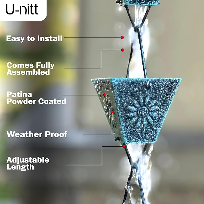 U-nitt Rain Chain Water Collection for Gutters Rainwater Catcher & Diverter, 8.5 FT Chains for Outside Garden Patina Square Cups, Roof Downspout, Works with Heavy Rain, w/ Gutter Clip for Rainchains