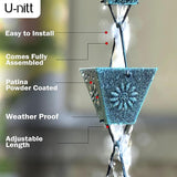 U-nitt Rain Chain Water Collection for Gutters Rainwater Catcher & Diverter, 8.5 FT Chains for Outside Garden Patina Square Cups, Roof Downspout, Works with Heavy Rain, w/ Gutter Clip for Rainchains