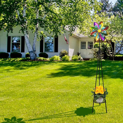 69" Metal Wind Spinners Outdoor with Plant Rack,3 Legs Colorful Windmill for Yard, Kinetic Yard Art, Waterproof Large Wind Sculptures for Garden Backyard Outdoor Decor Lawn Ornaments for Outside