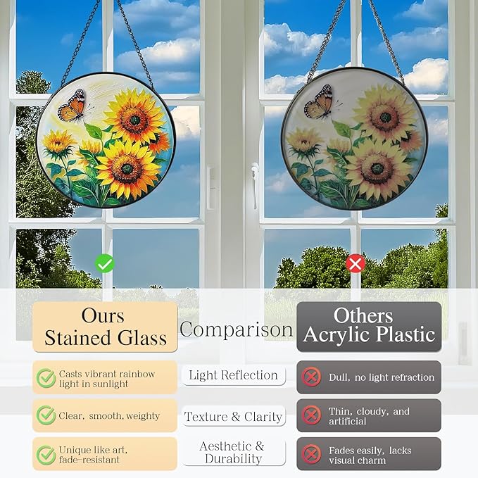 Sunflower Sun Catcher Stained Glass Window Hanging, 7.8" Suncatcher Glass Panel Window Decoration, Nature Lover Gift for Women, Wall Garden Art Decor, Gift for Birthday Christmas & Holidays