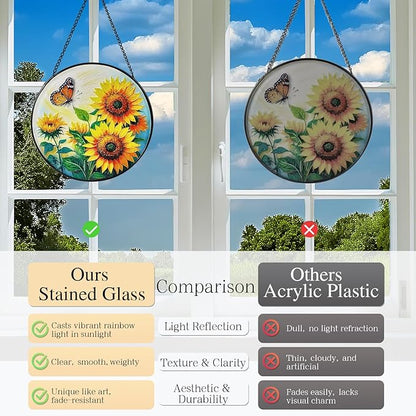 Sunflower Sun Catcher Stained Glass Window Hanging, 7.8" Suncatcher Glass Panel Window Decoration, Nature Lover Gift for Women, Wall Garden Art Decor, Gift for Birthday Christmas & Holidays