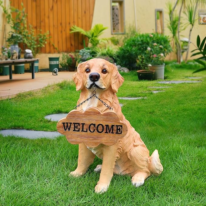 Golden Retriever Garden Statue with Solar Lantern, Realistic Dog Sculpture, Birthday Gift for Women Mom Grandma, Housewarming Gift for New Home, Outdoor Resin Puppy Decor