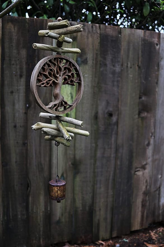 Cohasset Gifts Wind Chime Bell | #638 | Tree of Life Bell | Wood, Outdoor, Home Décor for Decks, Garden, Porch | Hand Carved Brown Mahogany Finish |