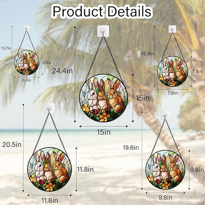 Stained Glass Window Hanging - 3 Cute Rabbits Suncatcher for Doors Garden Patio Bunny Sun Catchers Decor Christmas Mother's Day Birthday Teenager Gifts for Women Men Mom Nana Friend 11.8 in
