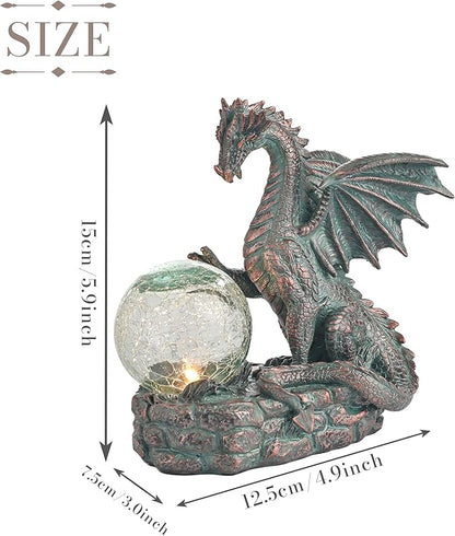 TERESA'S COLLECTIONS Dragon Outdoor Statues with Solar Crackle Globe Light, Resin Bronze Gothic Garden Decor,Touching Magic Ball Resin Lawn Ornaments for Patio Yard Decorations Gifts for Mom Dad, 6"