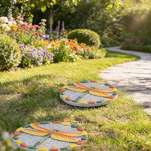 Decorative Garden Stepping Stone Dragonfly - Round Outdoor Pathway Stone with Yellow and Green Design, White Pebble Background 10x10 Inches