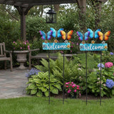 Large Butterfly Garden Stakes 42.1inch with Welcome Sign and Flowers, Butterfly Garden Decor Metal Yard Art for Spring, Lawn Ornaments, Pathway, Outdoor Summer Decorations