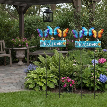 Large Butterfly Garden Stakes 42.1inch with Welcome Sign and Flowers, Butterfly Garden Decor Metal Yard Art for Spring, Lawn Ornaments, Pathway, Outdoor Summer Decorations