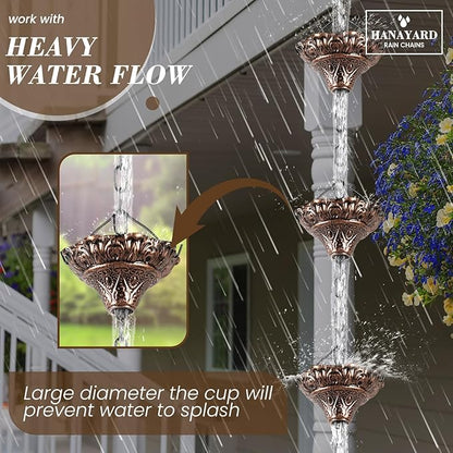 Rain Chain Gutter Downspout Antique Copper Rain Chains for Gutters with 12 Cups, Adjustable Rain Catcher Chain with Bell for Outside Water Diverter Decorative Garden Rain Chimes, 8.5 Ft