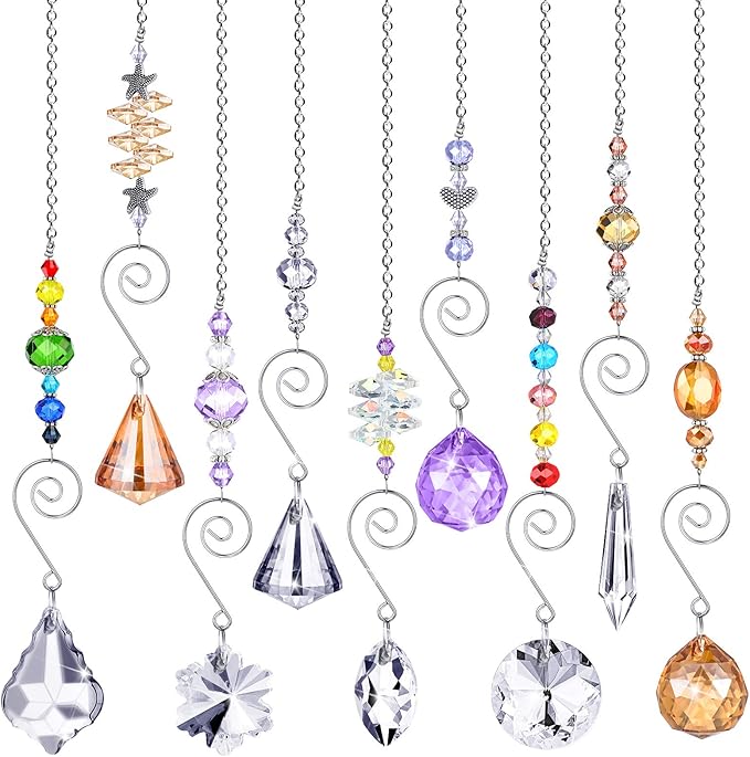 Hicarer 9 Pcs Crystal Suncatchers Hanging Catchers with Chain Colorful Glass Pendant Beads Chandelier Prism Ornament for Window Home Wall Cars Decor Wedding Birthday Anniversary Party Gifts