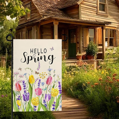 Hello Spring Tulip Garden Flag 12x18 Inch Double Sided Flowers Garden Flags Seasonal Summer Floral Yard Flags for Outside Farmhouse Outdoor Decorations