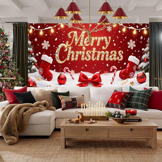 HOMETITUTE Christmas Garage Door Banner 13x6ft Merry Xmas Gold Sign Stockings Candy Bows Ornaments Snowflakes Red Backdrop Outdoor Yard Photo Background Holiday Decoration