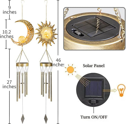 Moon Sun Wind Chimes for Outside Lights Gifts for Mom Wife Unique Crackle Glass LED Warm Light Outdoor Hanging Decor Windchimes for Garden Yard Patio Christmas Birthday Mothers Day