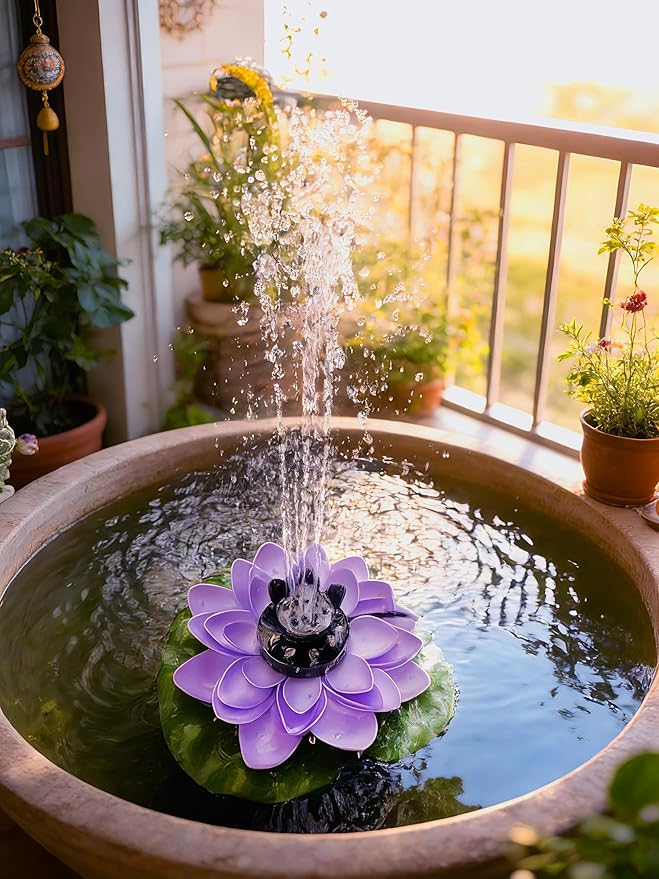 Solar Fountain Pump with 5000mA Battery Backup,Pond Pumps,Solar Bird Bath, Lily Pads for Ponds,9W Solar Panel,Pond Plants，Water Garden (Purple)