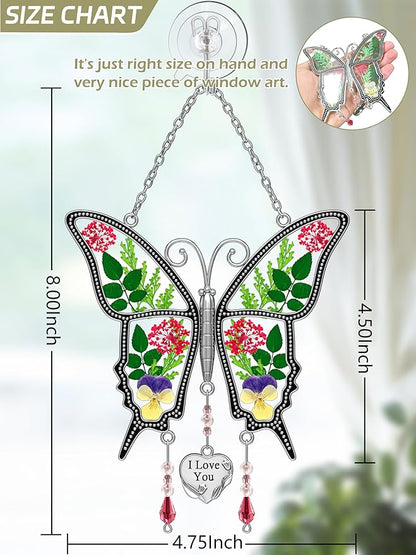 KY&BOSAM Butterfly Suncatcher I Love You Stained Glass for Windows Hangings Wind Chimes with Pressed Flower and Metal Heart Charm for Mom Birthday Valentines Day Decor
