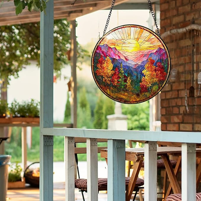 7.8 Inch Stained Glass Window Hanging Sunrise Mountains Tree Sun Catcher Indoor Window Door Wall Yard Home Decor Landscape Colorful Glass Panel Suncatcher Gifts for Women Men Mom Grandma
