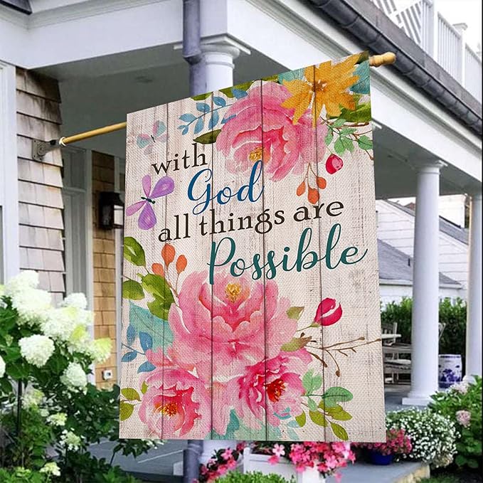 Artofy with God all Things are Possible Christian Home Decorative House Flag, Spring Summer Garden Yard Religious Outdoor Peony Flower, Inspirational Butterfly Outside Farmhouse Large Decor 28 x 40