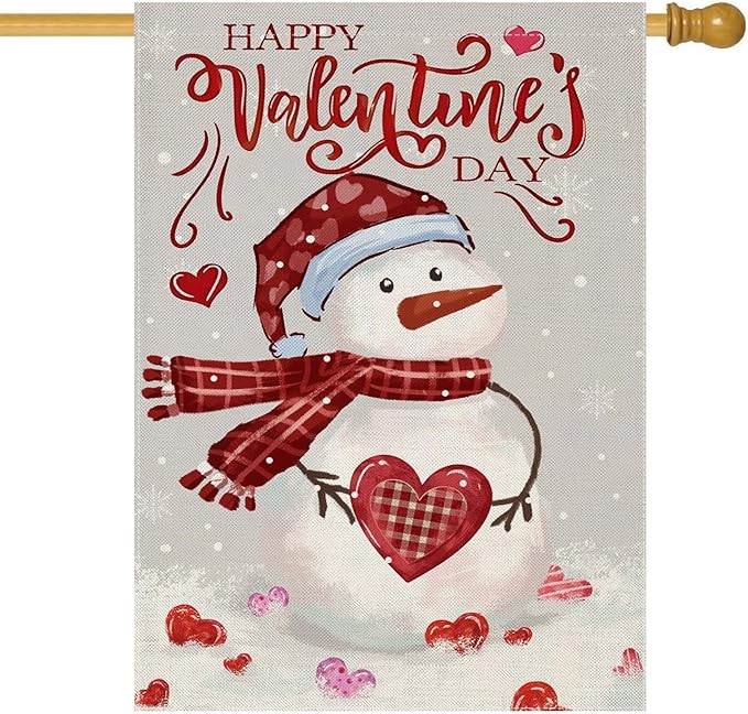 Happy Valentine’s Day House Flags for Outdoor Decoration, Watercolor Snowman with Love Hearts Large Yard Flag,Seasonal Decorative Decor for Holiday Anniversary Wedding Outside 28x40 Inch Double Sided