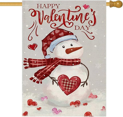 Happy Valentine’s Day House Flags for Outdoor Decoration, Watercolor Snowman with Love Hearts Large Yard Flag,Seasonal Decorative Decor for Holiday Anniversary Wedding Outside 28x40 Inch Double Sided