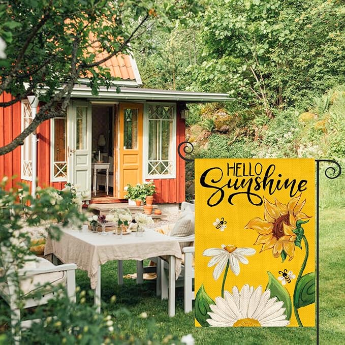 AVOIN colorlife Daisy Sunflower Hello Sunshine Garden Flag 12x18 Inch Double Sided, Summer Seasonal Holiday Burlap Yard Outdoor Decoration Yellow