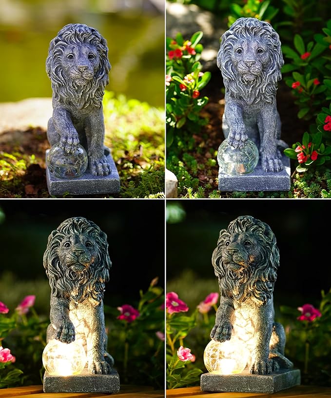 Nacome Guardian Lion Garden Statue: Outdoor Decor Sculpture with Ball Lights for Yard Art Porch Patio - Unique Birthday Gifts for Women Mom(9.45in)