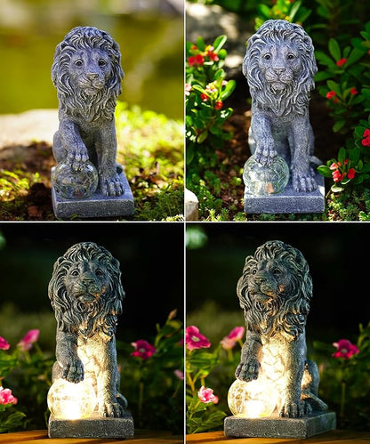 Nacome Guardian Lion Garden Statue: Outdoor Decor Sculpture with Ball Lights for Yard Art Porch Patio - Unique Birthday Gifts for Women Mom(9.45in)