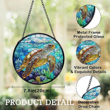 Coastal Beach Sea Turtle Suncatchers Stained Glass Window Hanging, Sea Turtle Decor Sun Catchers Indoor Window Glass Round Wall Decor, Ocean Beachy Wall Hanging Decorations, 7.9x7.9in