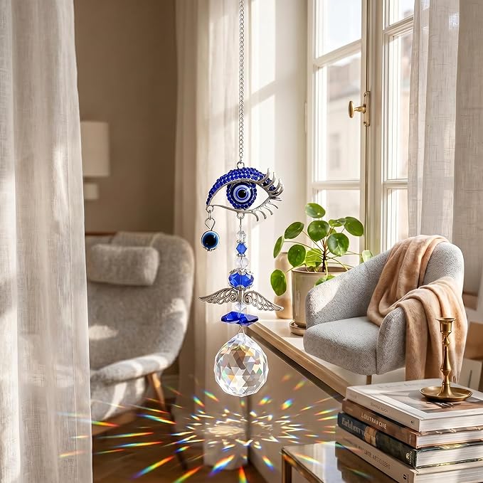 Crystal Suncatcher for Windows - Hanging Prism Sun Catchers with Crystal Balls&Blue Eye, Rainbow Maker for Home、 Garden、Car Decor (Evil Eye)