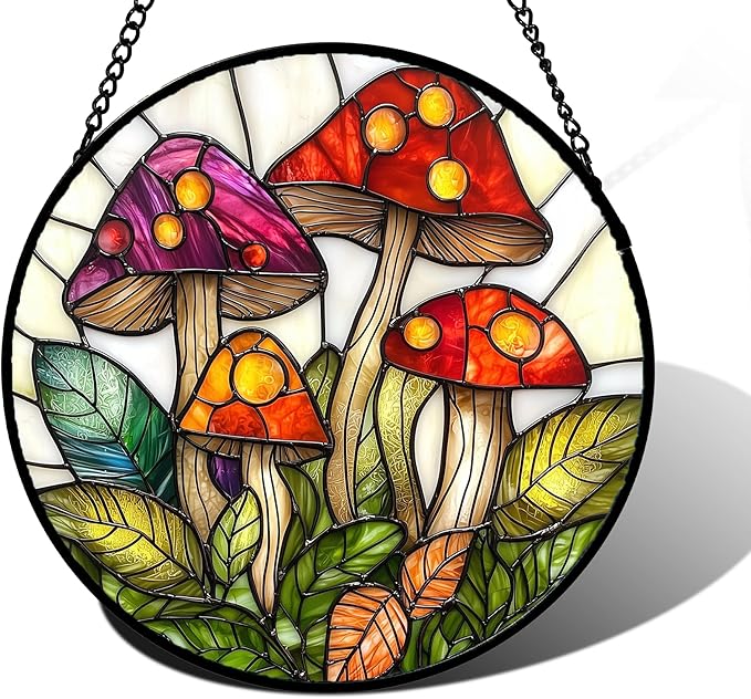 DASTOLL Stained Glass Window Hanging, Mushroom Leaves Suncatcher for Doors Home Sun Catchers Decoration and Christmas, Mother's Day Birthday Gifts for Women, Men, and Mom 9.8 in