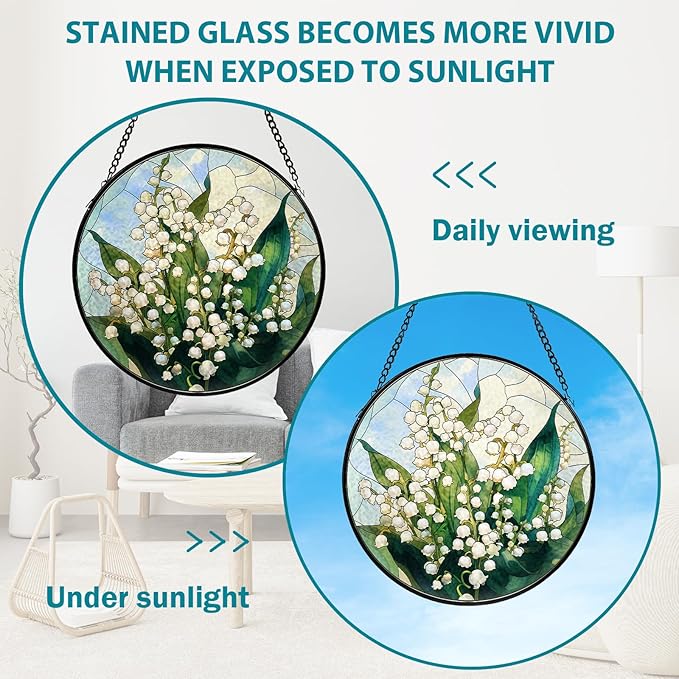 Lily of The Valley Flower Stained Glass Window Hanging, Suncatcher Diamond Glass Panel Hangings, Sun Catchers Indoor Windows Wall Art, Gift for Mom Grandma, Christmas Decor for Home Office 7.87 inches