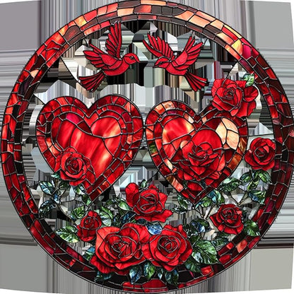 Valentine Heart Suncatcher Ornament Red Birds Rose Designs Pattern Window Hanging Suncatchers Full Cover Stained Glass for Garden Room Decor Valentine's Romantic Ornaments for Wife Gift
