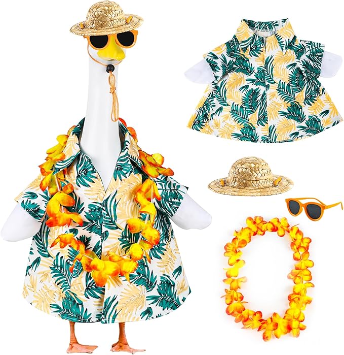 Hawaiian Porch Goose Outfits, 23" Goose Statue Hawaiian Costume Summer Porch Goose Outfits, Durable Hawaii Skirt Lawn Goose Clothes with Hat Glasses, Outdoor Yard Patio Garden Holiday Decor