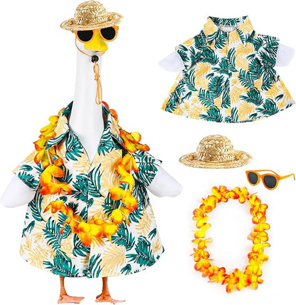 Hawaiian Porch Goose Outfits, 23" Goose Statue Hawaiian Costume Summer Porch Goose Outfits, Durable Hawaii Skirt Lawn Goose Clothes with Hat Glasses, Outdoor Yard Patio Garden Holiday Decor