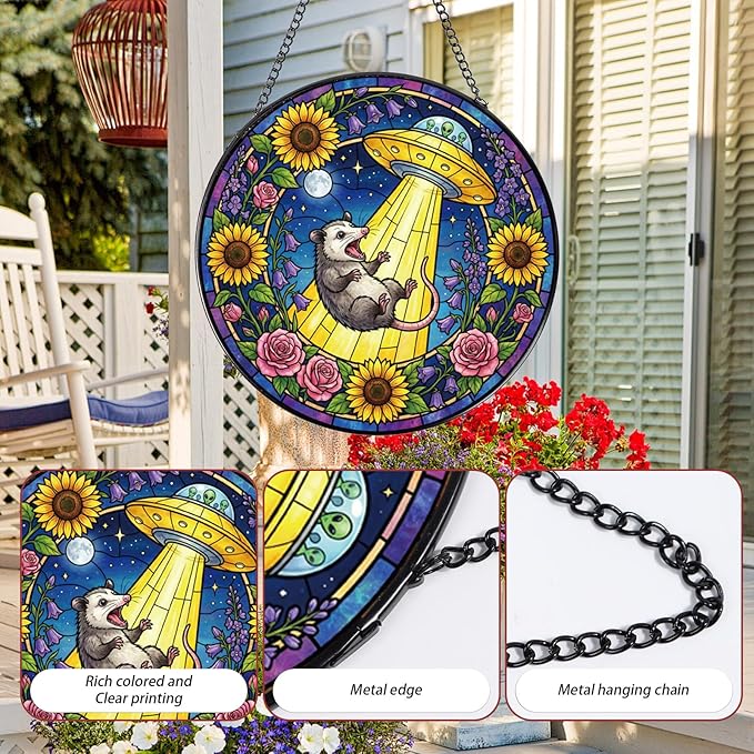 Rngmsi Funny Stained Glass Window Hanging, 8 Inch Opossum Sun Catcher Gift for Housewarming, Decorative Suncatchers Gifts for Wall Art Landscape Hanging Home Decor