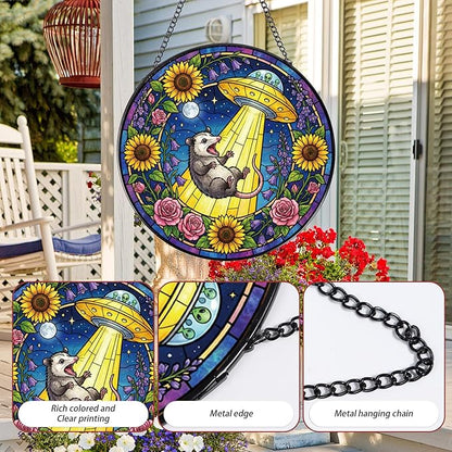 Rngmsi Funny Stained Glass Window Hanging, 8 Inch Opossum Sun Catcher Gift for Housewarming, Decorative Suncatchers Gifts for Wall Art Landscape Hanging Home Decor