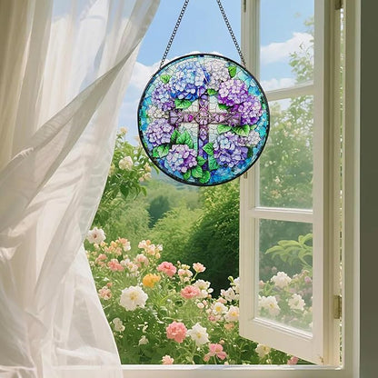 Suncatcher Stained Glass Window Hanging - Cross Glass Panel with Metal Chain and Hooks Handmade Sun Catcher Decoration for Window Garden Home Christmas & Birthday Gifts