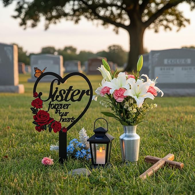 AIM & GGKK Memorial Stake for Sister - Metal Heart Grave Marker with Red Roses, Memorial Plaque Cemetery Decor for Grave, Garden, Gravesite