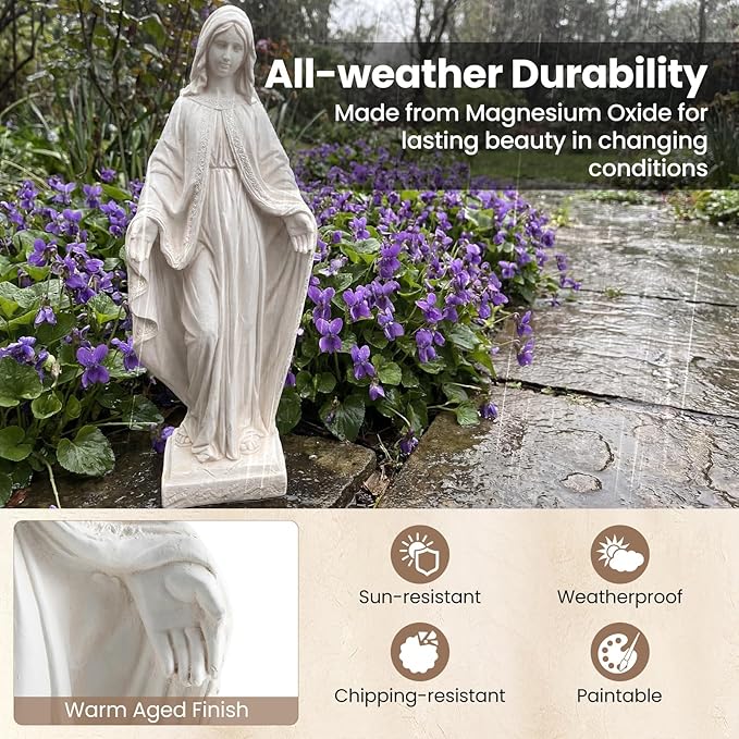 Giantex Virgin Mary Garden Statue 31.5", Blessed Mother Outdoor Religious Statue, Weather-Resistant MgO Catholic Sculptures Yard Decor for Lawn, Patio, Prayer Garden & Memorial, Distressed Ivory