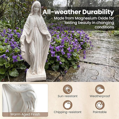 Giantex Virgin Mary Garden Statue 31.5", Blessed Mother Outdoor Religious Statue, Weather-Resistant MgO Catholic Sculptures Yard Decor for Lawn, Patio, Prayer Garden & Memorial, Distressed Ivory