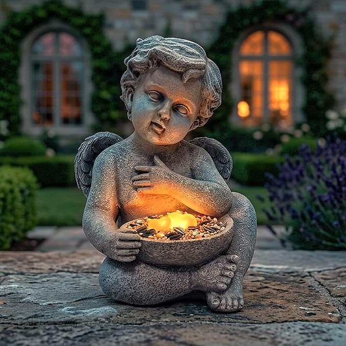 MXwcy Solar Angel Statue with Bird Feeder, 9.06" Resin Angel Figurines for Outdoor Garden Decor, Solar Garden Lights for Yard Lawn Patio Grave, Memorial Garden Decor Angel Gifts for Women Mom Grandma