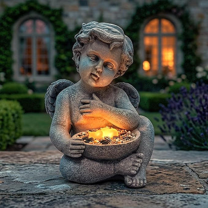 MXwcy Solar Angel Statue with Bird Feeder, 9.06" Resin Angel Figurines for Outdoor Garden Decor, Solar Garden Lights for Yard Lawn Patio Grave, Memorial Garden Decor Angel Gifts for Women Mom Grandma