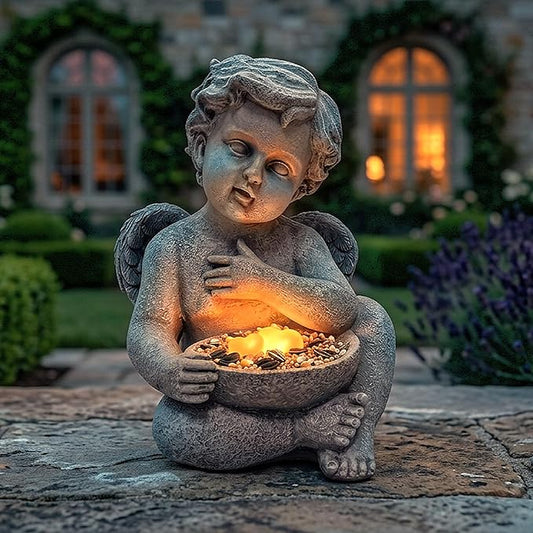 MXwcy Solar Angel Statue with Bird Feeder, 9.06" Resin Angel Figurines for Outdoor Garden Decor, Solar Garden Lights for Yard Lawn Patio Grave, Memorial Garden Decor Angel Gifts for Women Mom Grandma