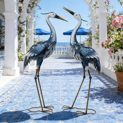 33-35 Inch Blue Heron Garden Statues, Metal Cranes Sculptures Outdoor, Bird Statues Set of 2