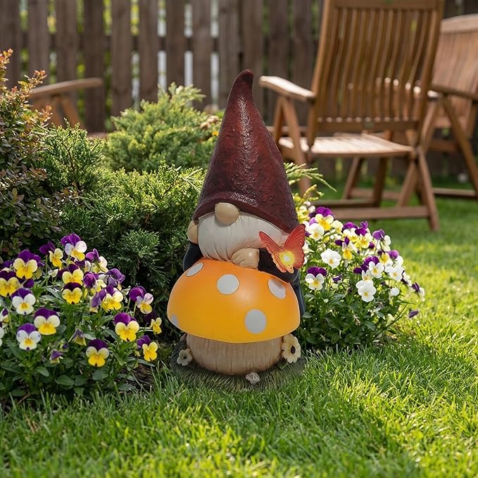Solar Garden Gnome with mushroom for Garden Decor: IP44 Weatherproof Resin with Automatic Lighting - No Installation- Outdoor Yard Patio Balcony Art - Birthday Gifts for Bird Lovers Mom Grandma Women